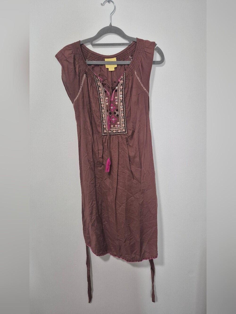 Maeve Boho Embroidered Cotton Tassel Mini Dress - Size 0